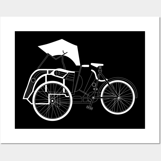 Becak Rickshaw White Outline Wall Art by kindacoolbutnotreally